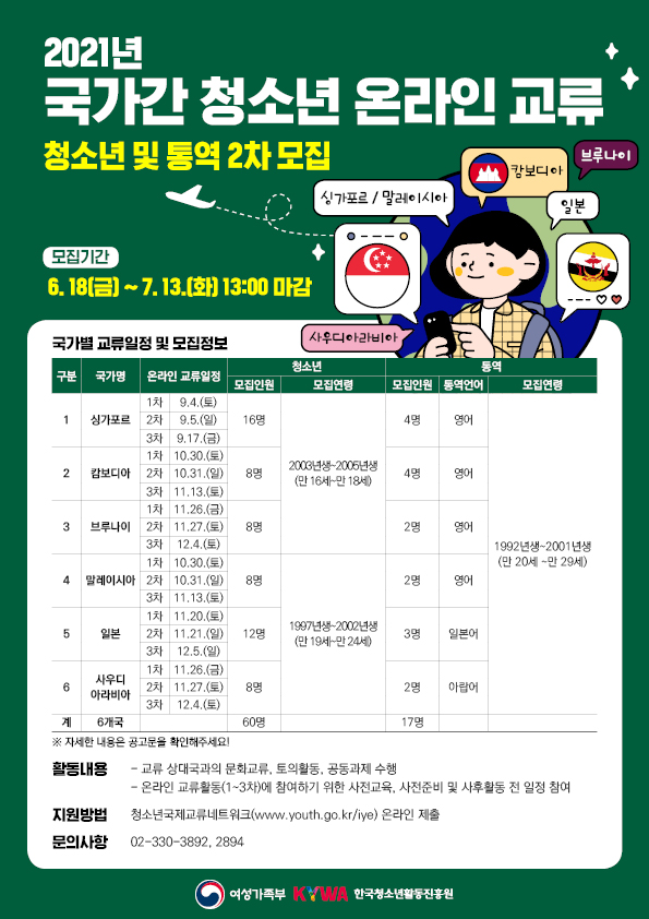 [행사] 2021년 국가간 청소년 온라인교류 청소년 참가자 및 통역 모집 안내
