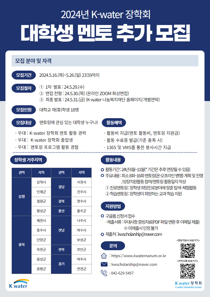 2024년 K-water 장학회 대학생 멘토 모집 안내