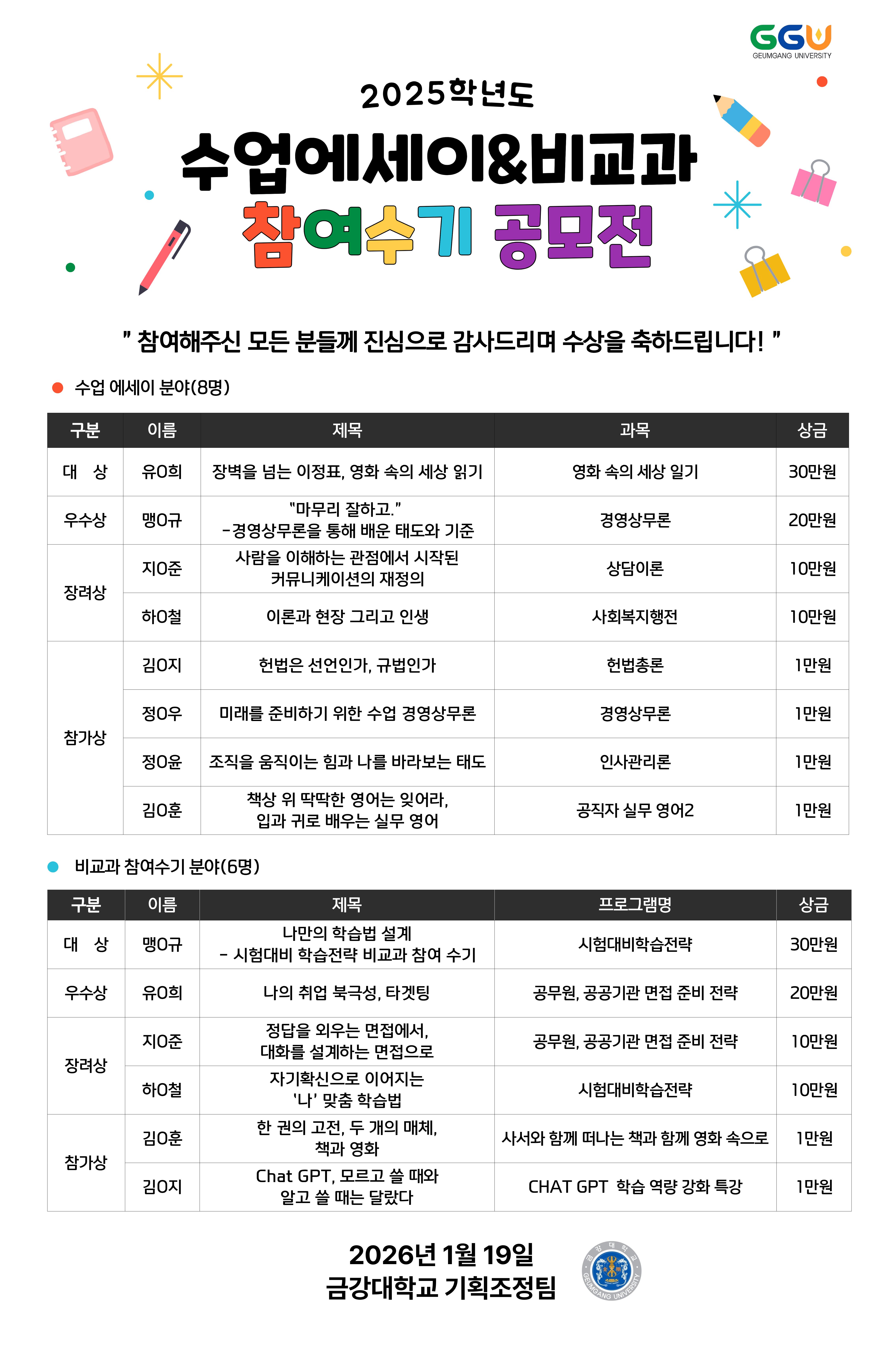 [기획조정팀] 2025학년도 수업에세이&비교과 참여수기 공모전 수상자 안내
